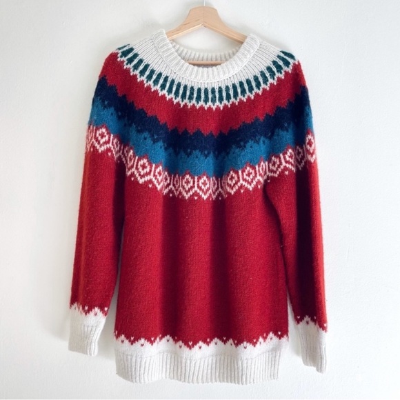 The Alpaca Connection Peruvian Fair Isle Knit Jumper Sweater In Red,Cream, Blue - Picture 8 of 8